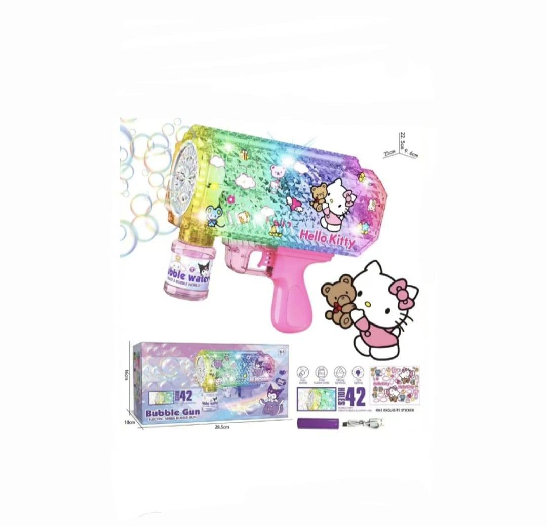 Jucarie Pistol de facut baloane de sapun, model Hello Kitty, cu acumulator si lumini, transparent, 18.5 cm