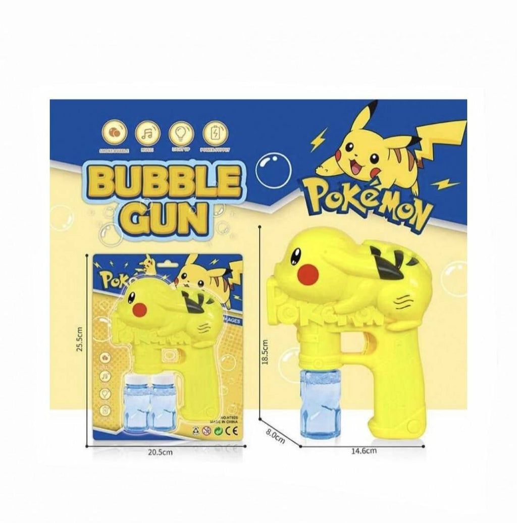 Jucarie Pistol de facut baloane de sapun, model Pokemon, galben, 18.5 cm