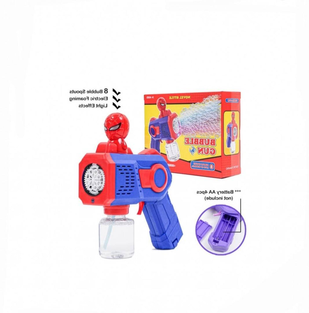 Jucarie Pistol de facut baloane de sapun, model Spiderman, rosu/albastru, 18.5 cm