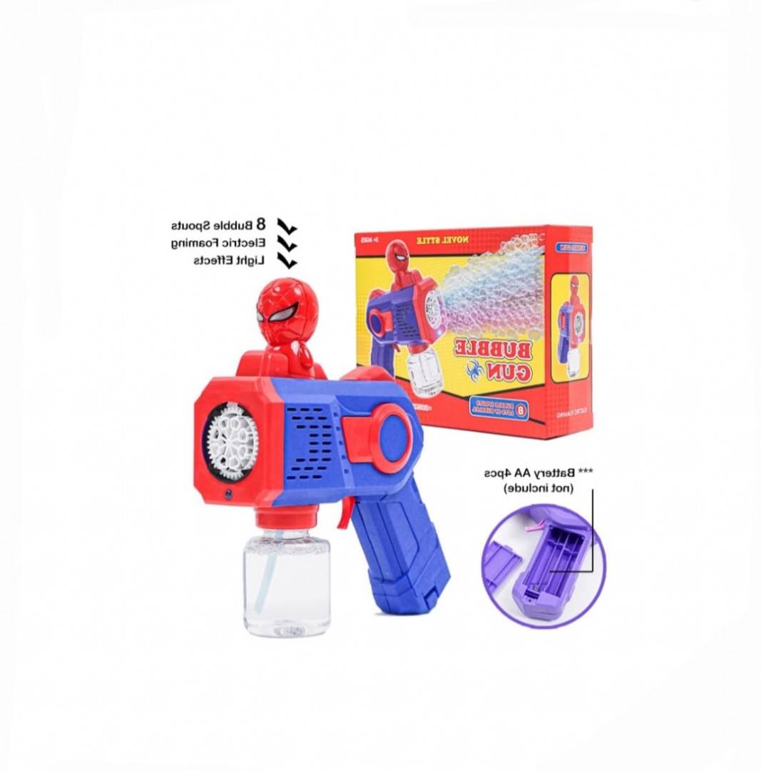 Jucarie Pistol de facut baloane de sapun, model Spiderman, rosu/albastru, 18.5 cm