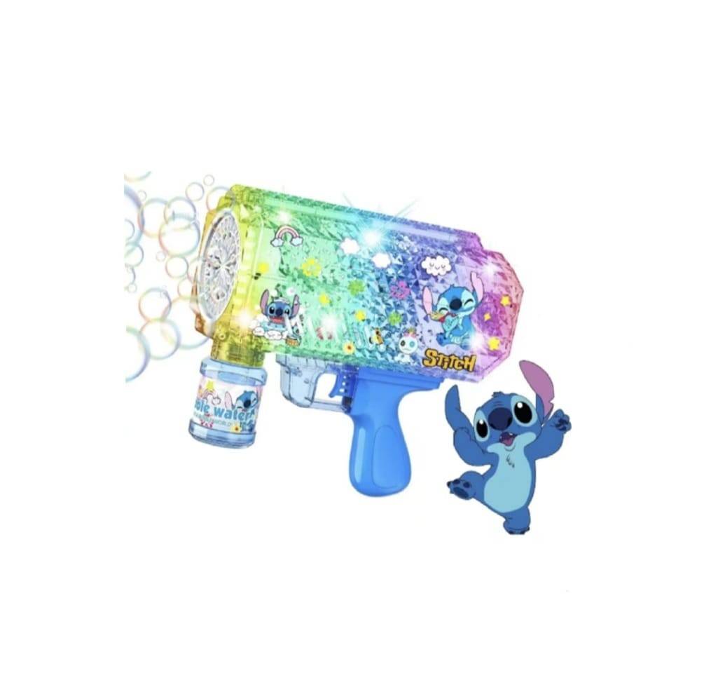 Jucarie Pistol de facut baloane de sapun, model Stitch, cu acumulator si lumini, multicolor, 18.5 cm