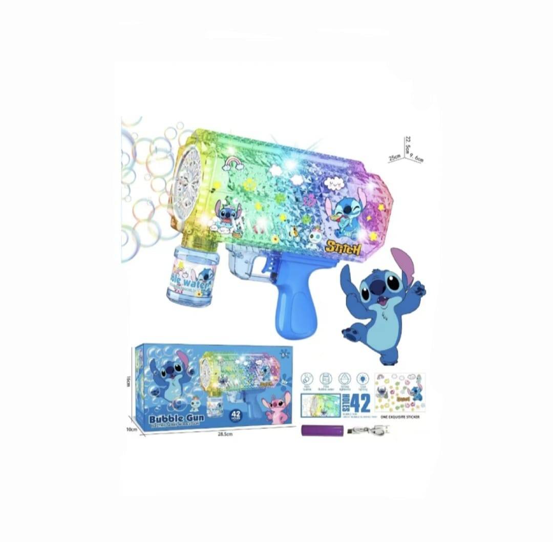 Jucarie Pistol de facut baloane de sapun, model Stitch, cu acumulator si lumini, multicolor, 18.5 cm