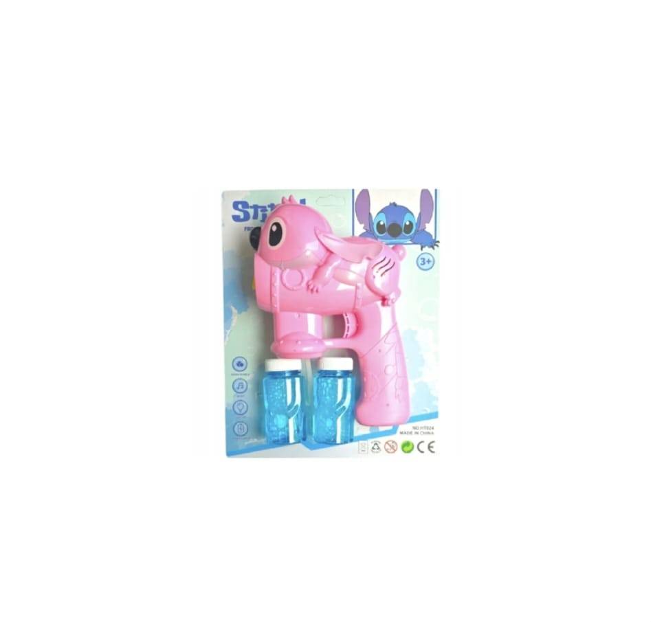 Jucarie Pistol de facut baloane de sapun, model Stitch Lilo, roz deschis, 18.5 cm