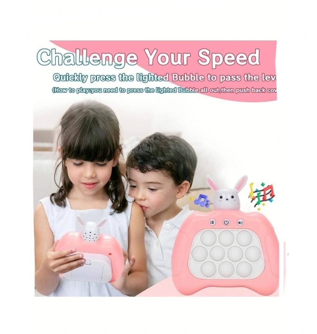 Jucarie Pop it electrica Iepuras, Bubble Push, pentru copii si adulti, sunet si lumini, roz, 13 cm