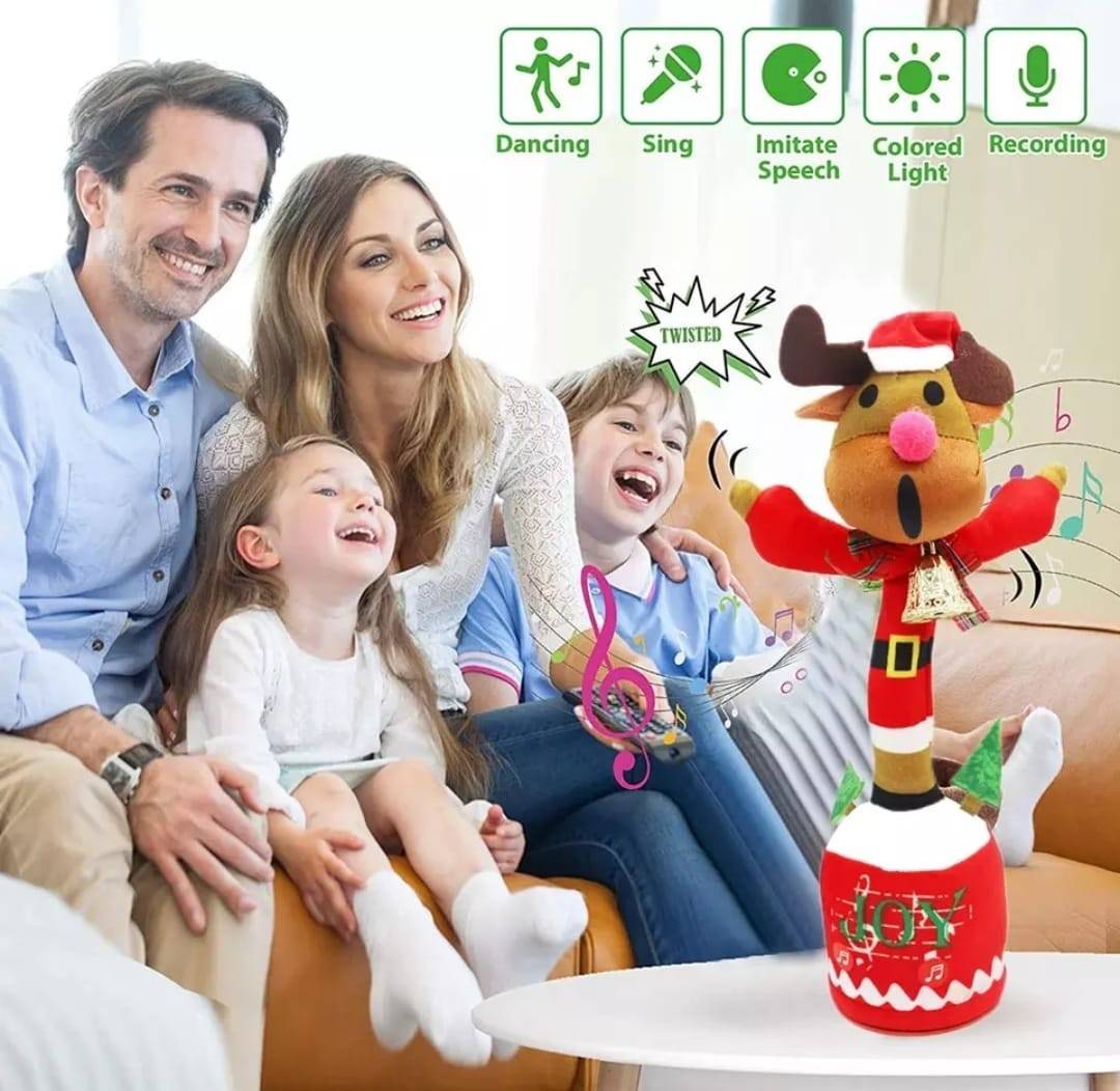 Jucarie Ren cu clopotel, dansator, care repeta, multicolor, 32 cm