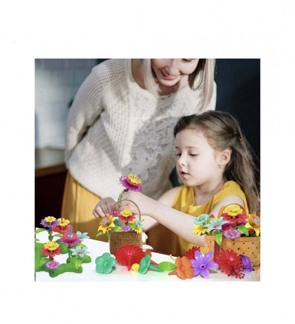 Set creativ cu aranjamente florale, jucarii cu blocuri de constructie in forma de flori, 96 piese