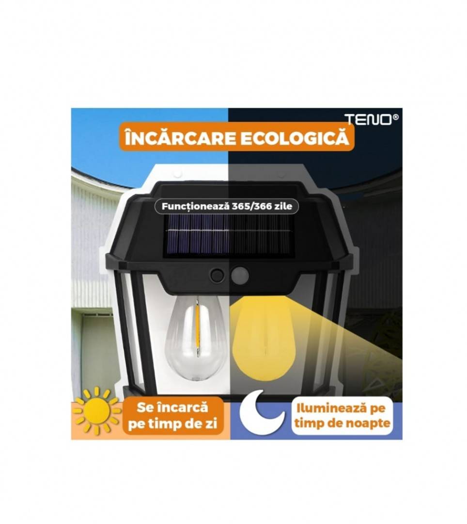 Lampa Solara de Perete LED, Felinar Dublu Teno1273, senzor miscare 5-8 metri, fara fir, 3 moduri iluminare, protectie IP65, W