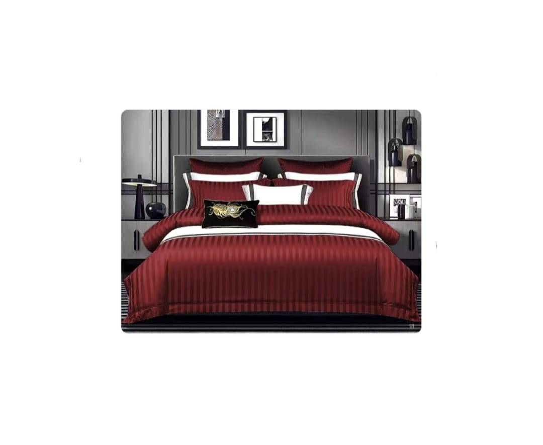 Lenjerie de pat , 6 piese, cu dungi, damasc finet, 220x230 cm, bordo inchis