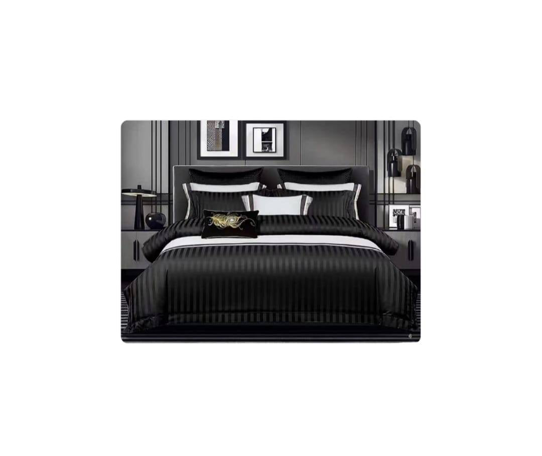 Lenjerie de pat , 6 piese, cu dungi, damasc finet, 220x230 cm, negru