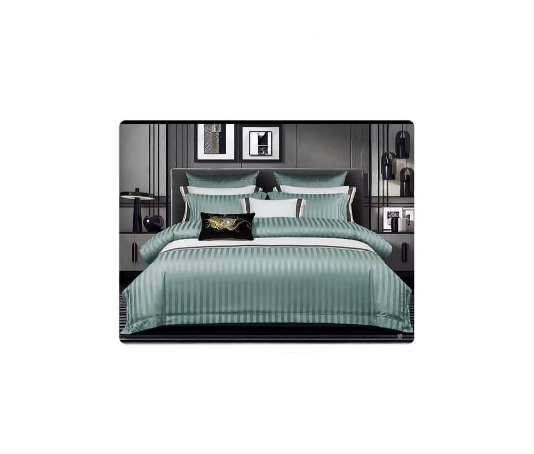 Lenjerie de pat , 6 piese, cu dungi, damasc finet, 220x230 cm, verde pal