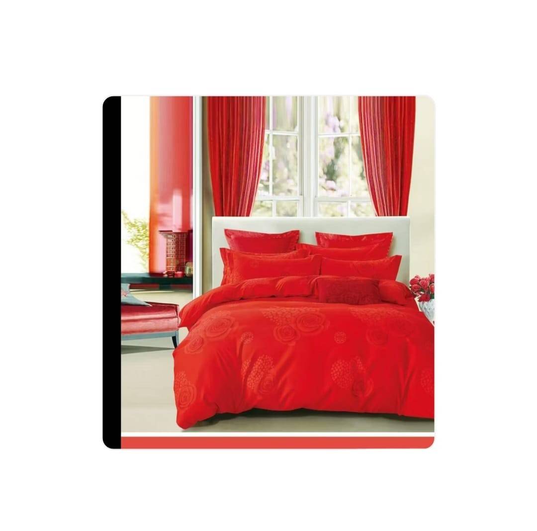 Lenjerie de pat, 6 piese, din bumbac satinat, cearsaf elastic, cu model imprimat, 220x230 cm, rosu
