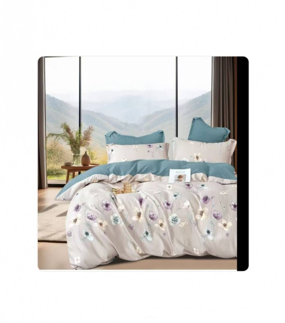 Lenjerie de pat, 6 piese, din bumbac satinat, cearsaf elastic, cu model imprimat, 220x230, gri/bleu