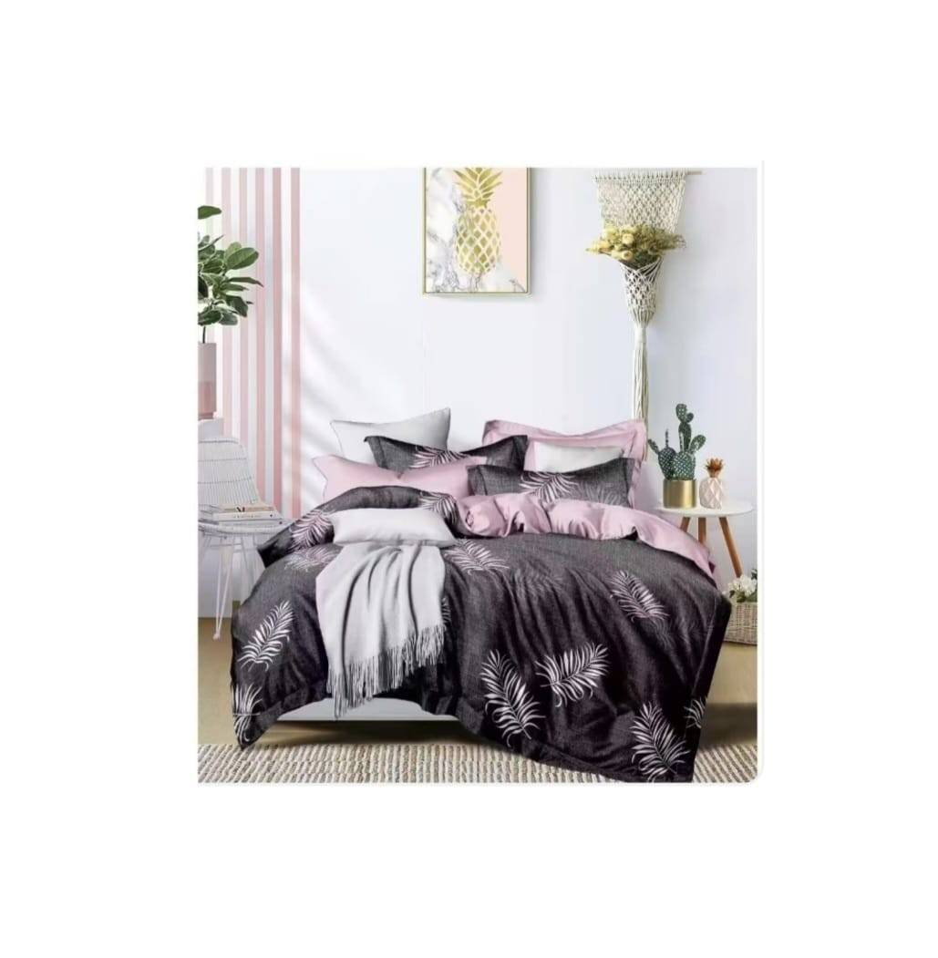Lenjerie de pat, 6 piese, din bumbac satinat, cearsaf elastic, cu model imprimat, 220x230, gri/roz