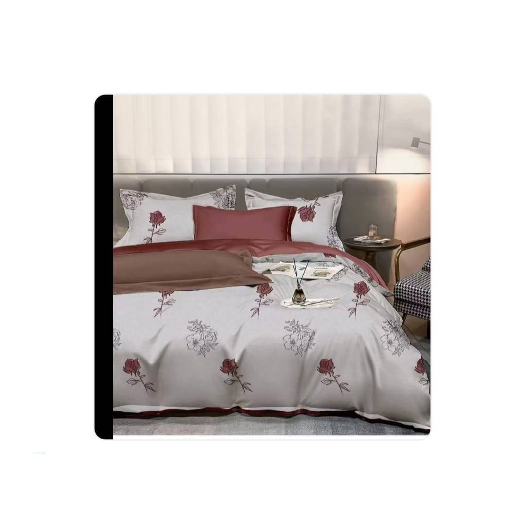 Lenjerie de pat, 6 piese, din bumbac satinat, cearsaf elastic, cu model imprimat, 220x230, rosu inchis