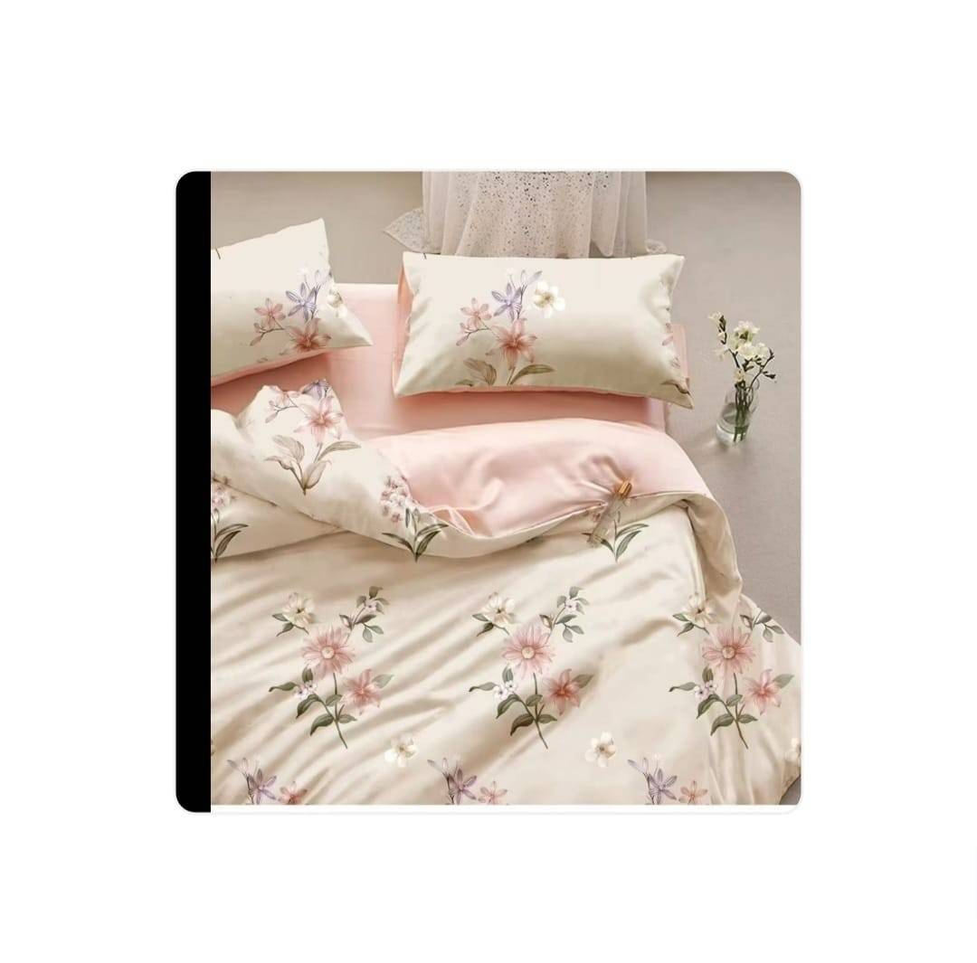 Lenjerie de pat, 6 piese, din bumbac satinat, cearsaf elastic, cu model imprimat, 220x230, roz
