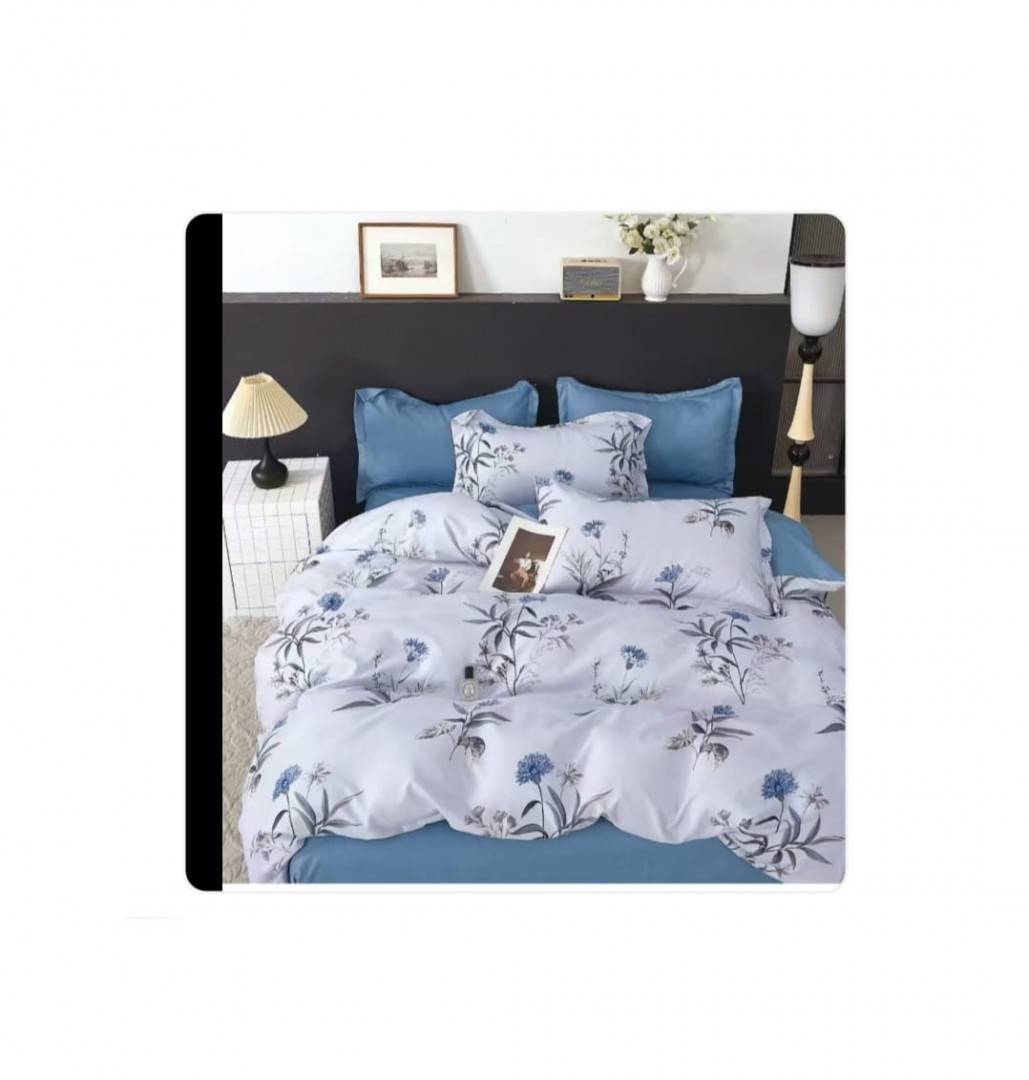 Lenjerie de pat, 6 piese, din bumbac satinat, cearsaf elastic, cu model imprimat, 220x230, albastru deschis