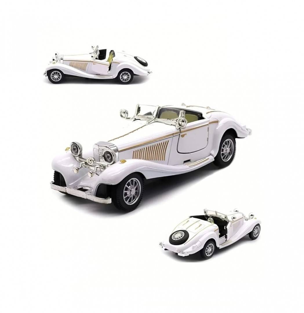 Macheta Bburago Mercedes Benz 500k Roadster, usi mobile, sunet, lumini, scara 1:28, alb, 16 cm