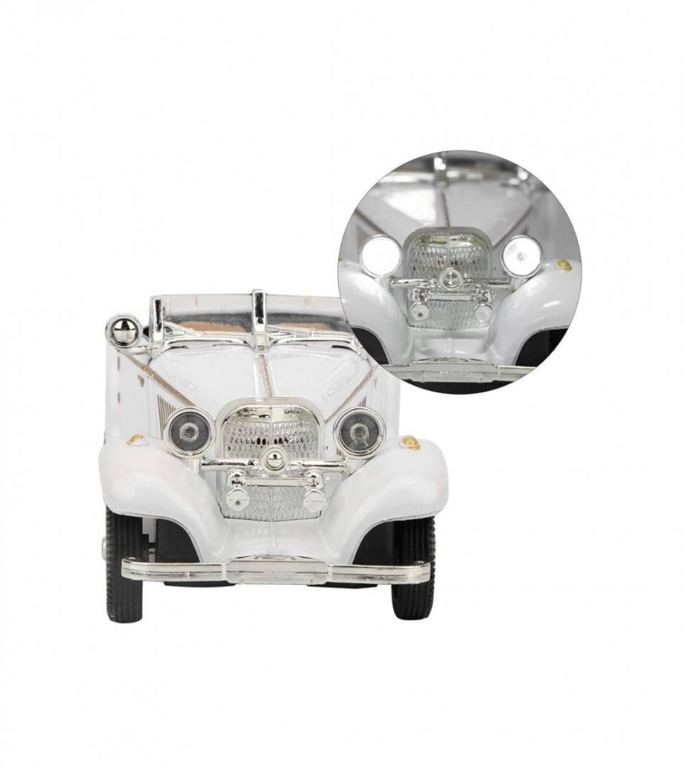 Macheta Bburago Mercedes Benz 500k Roadster, usi mobile, sunet, lumini, scara 1:28, alb, 16 cm