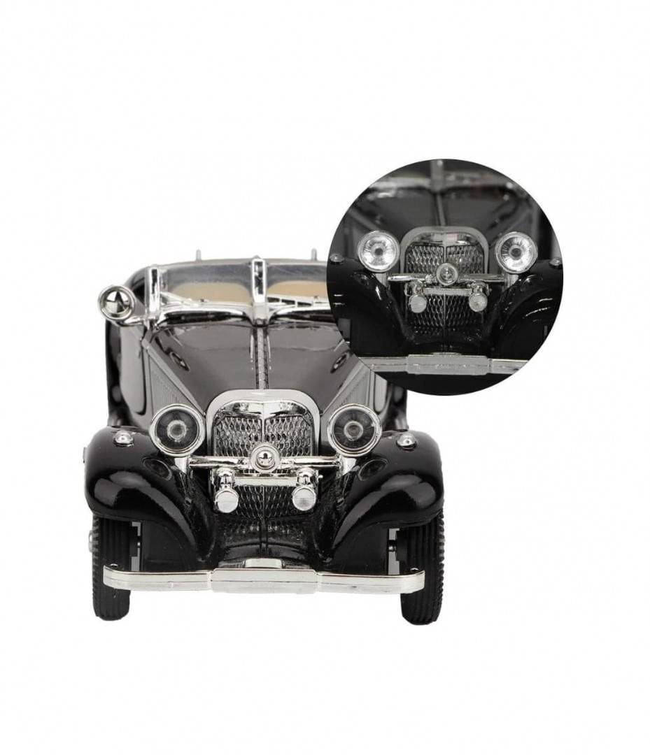 Macheta Bburago Mercedes Benz 500k Roadster, usi mobile, sunet, lumini, scara 1:28, negru, 16 cm