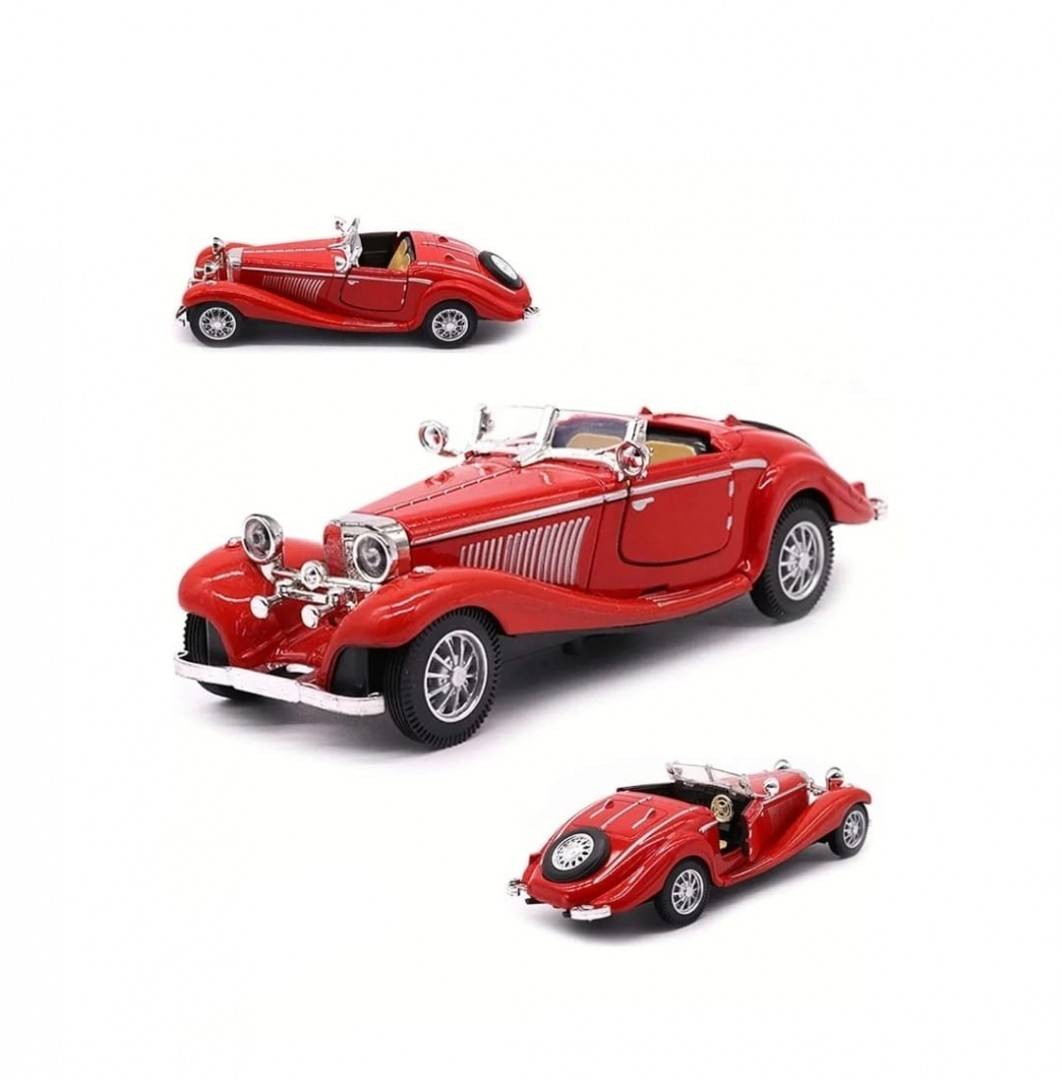 Macheta Bburago Mercedes Benz 500k Roadster, usi mobile, sunet, lumini, scara 1:28, rosu, 16 cm