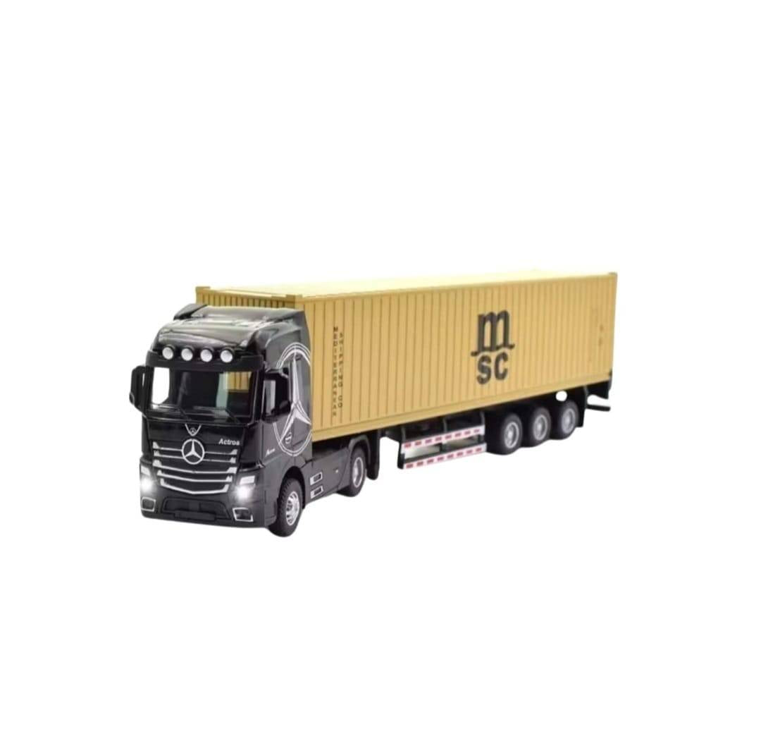 Macheta mecanica, Tir Mercedes Actros, container, leduri si sunete, scala 1/36, negru/galben, 30.5 cm