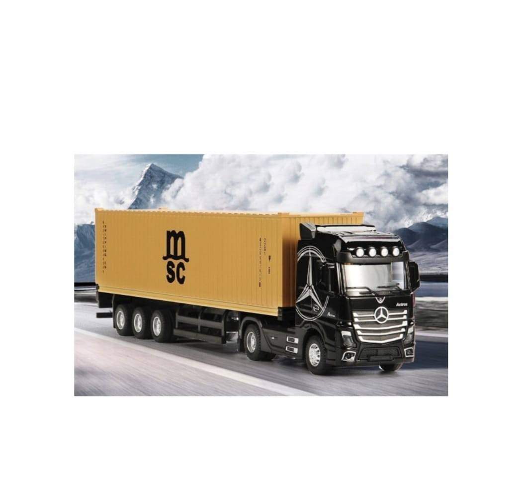 Macheta mecanica, Tir Mercedes Actros, container, leduri si sunete, scala 1/36, negru/galben, 30.5 cm