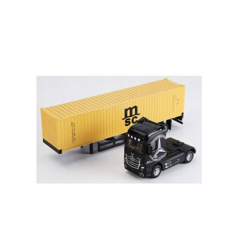 Macheta mecanica, Tir Mercedes Actros, container, leduri si sunete, scala 1/36, negru/galben, 30.5 cm