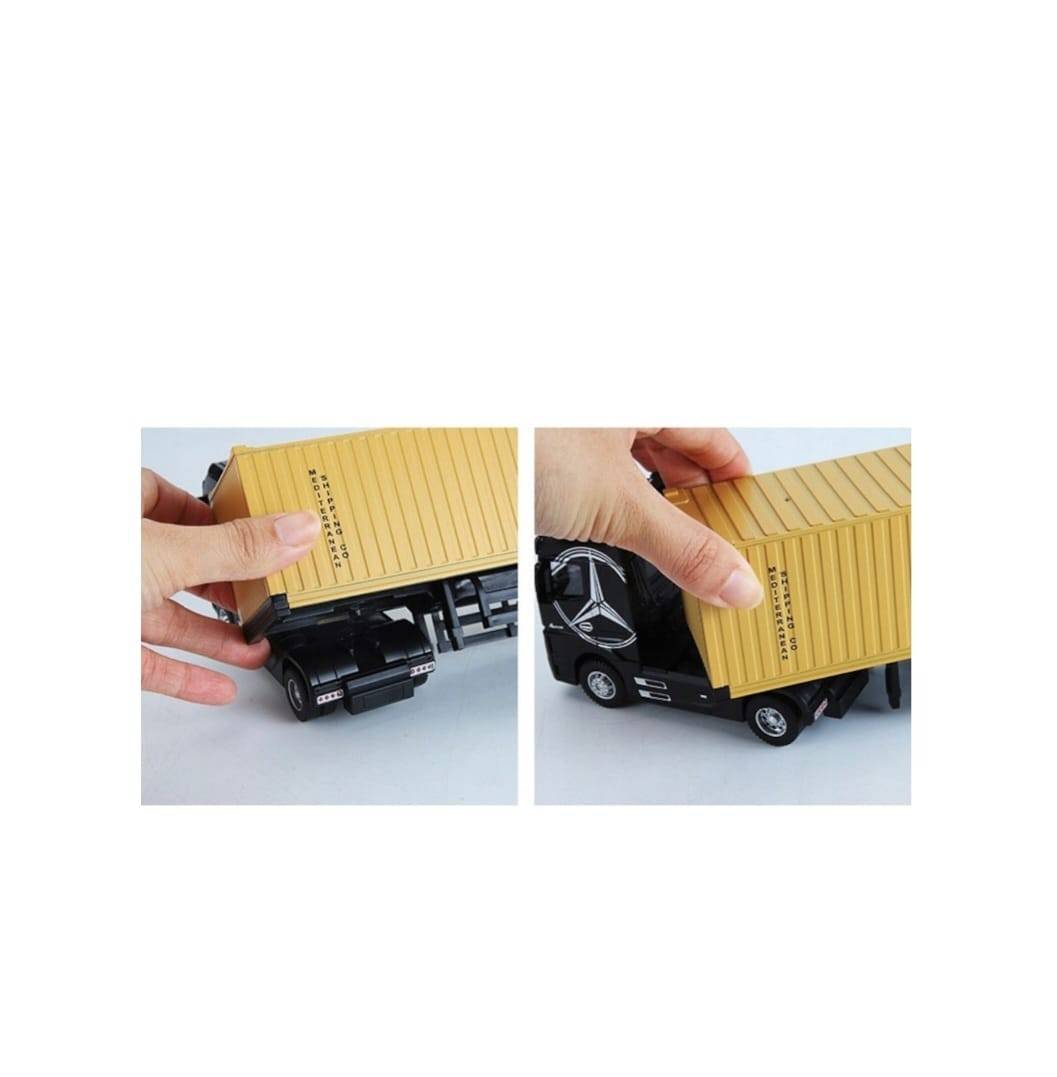 Macheta mecanica, Tir Mercedes Actros, container, leduri si sunete, scala 1/36, negru/galben, 30.5 cm