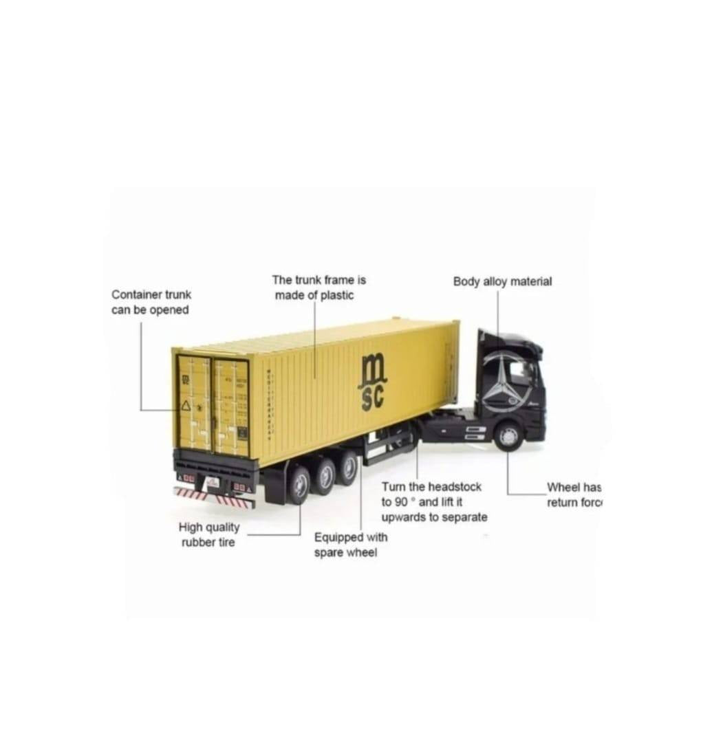 Macheta mecanica, Tir Mercedes Actros, container, leduri si sunete, scala 1/36, negru/galben, 30.5 cm