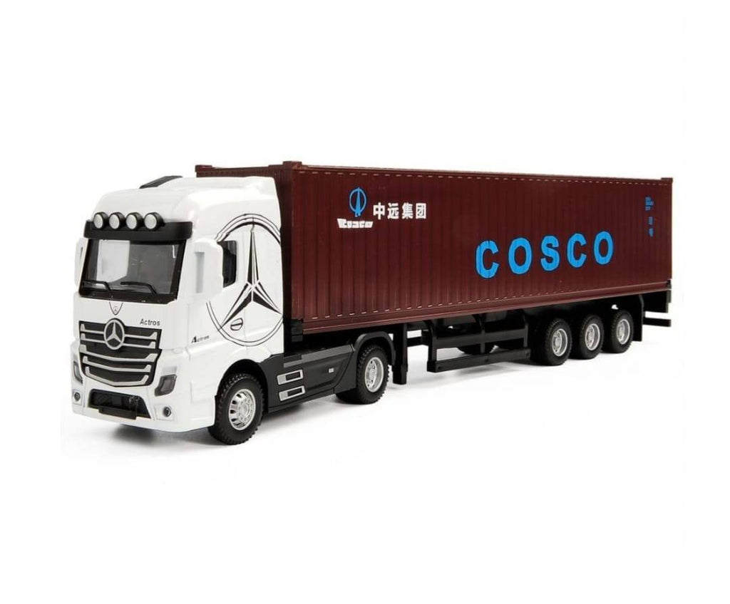 Macheta mecanica,Tir Mercedes Actros, container, leduri si sunete, scala 1/36, alb/maro, 30.5 cm