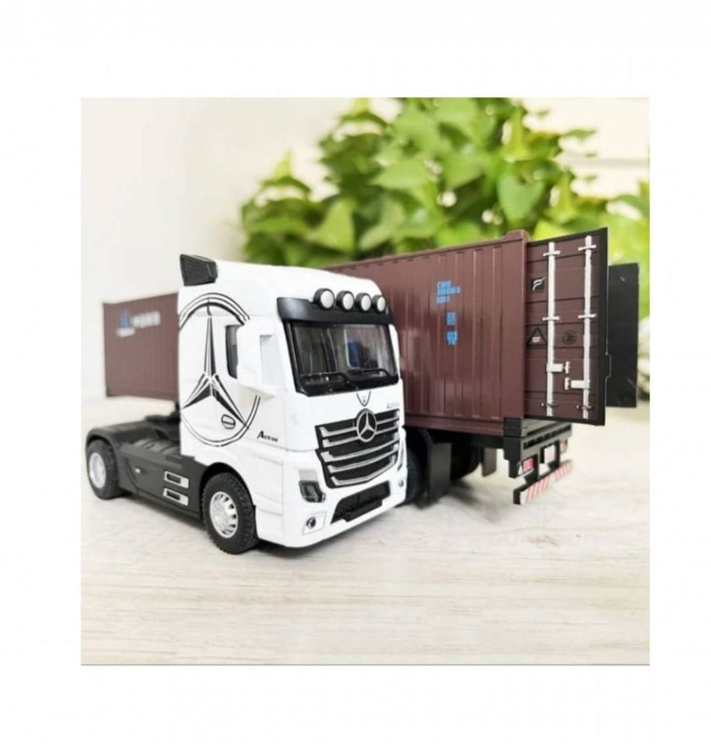 Macheta mecanica,Tir Mercedes Actros, container, leduri si sunete, scala 1/36, alb/maro, 30.5 cm
