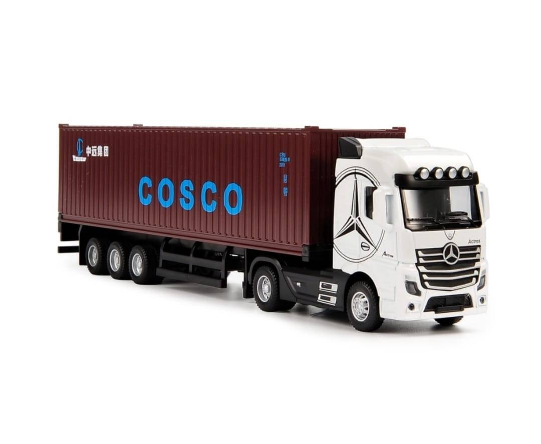Macheta mecanica,Tir Mercedes Actros, container, leduri si sunete, scala 1/36, alb/maro, 30.5 cm