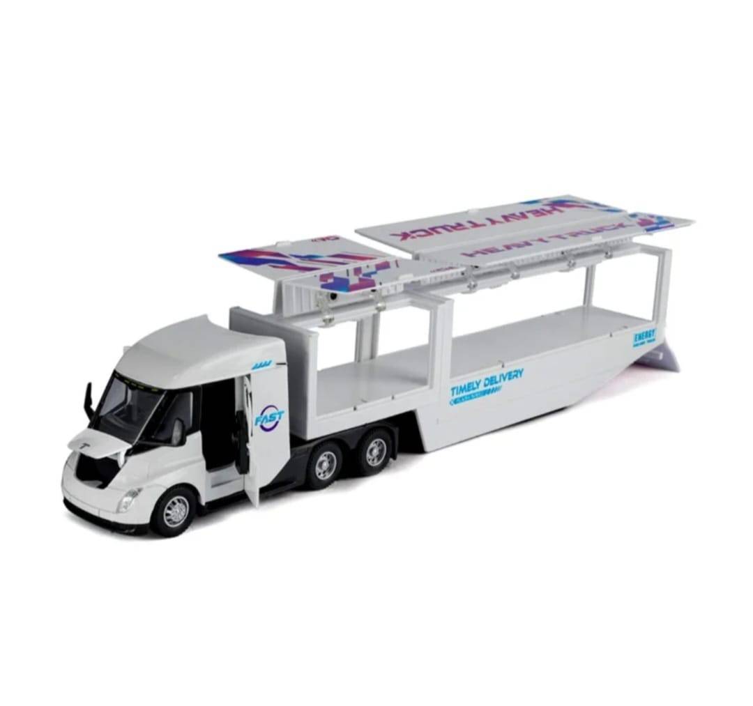 Macheta mecanica,Tir Tesla, container, leduri si sunete, scala 1/43, alb, 35 cm
