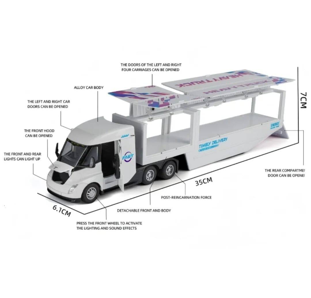 Macheta mecanica,Tir Tesla, container, leduri si sunete, scala 1/43, alb, 35 cm