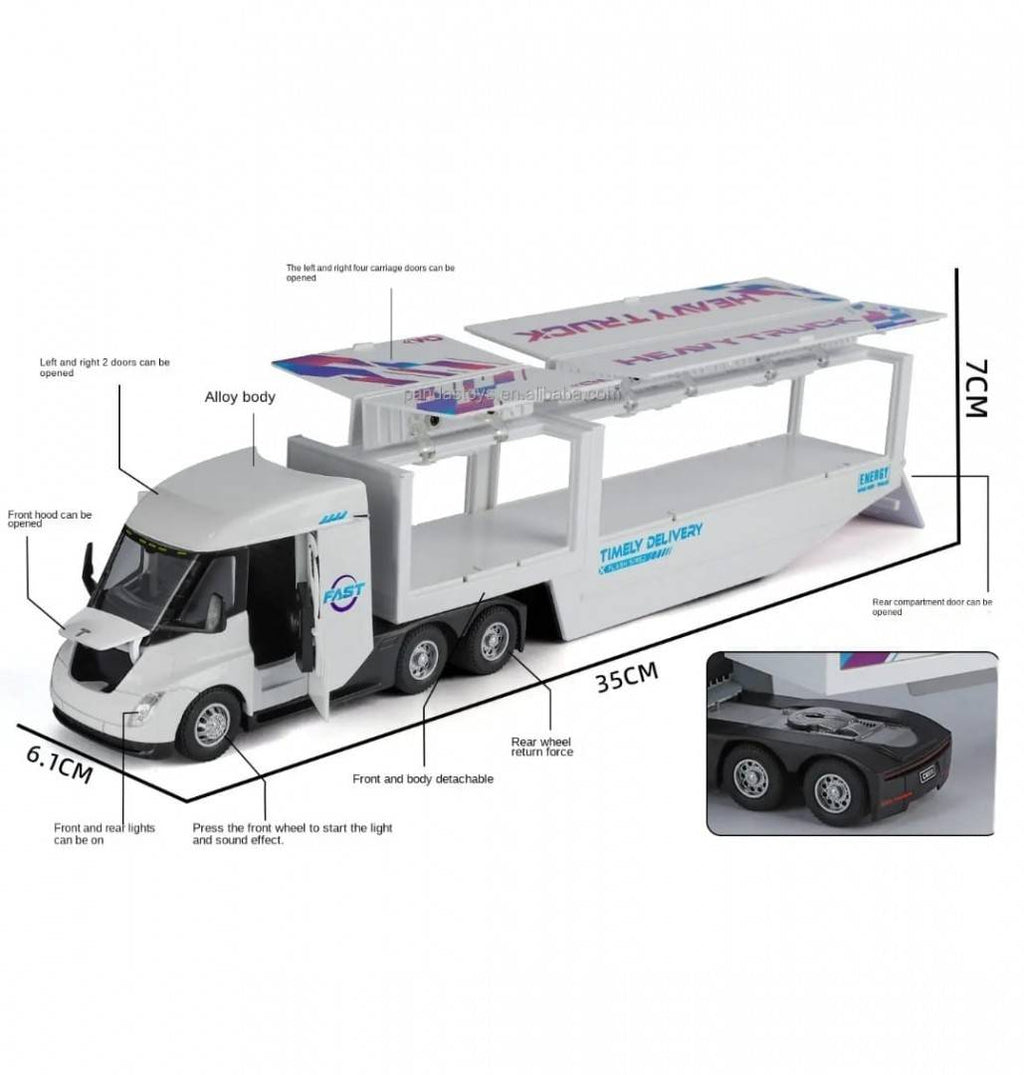 Macheta mecanica,Tir Tesla, container, leduri si sunete, scala 1/43, alb, 35 cm