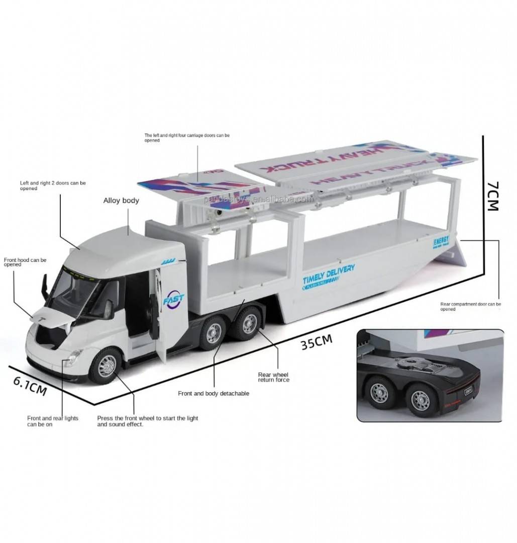 Macheta mecanica,Tir Tesla, container, leduri si sunete, scala 1/43, alb, 35 cm