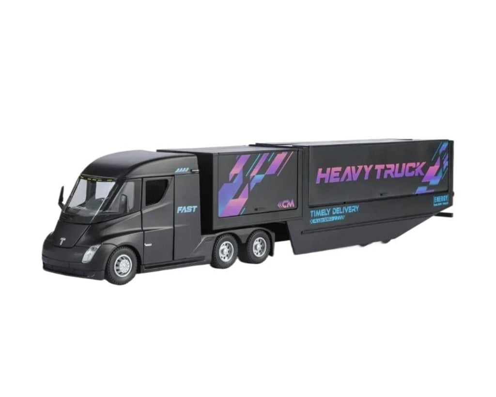 Macheta mecanica,Tir Tesla, container, leduri si sunete, scala 1/43, negru, 35 cm