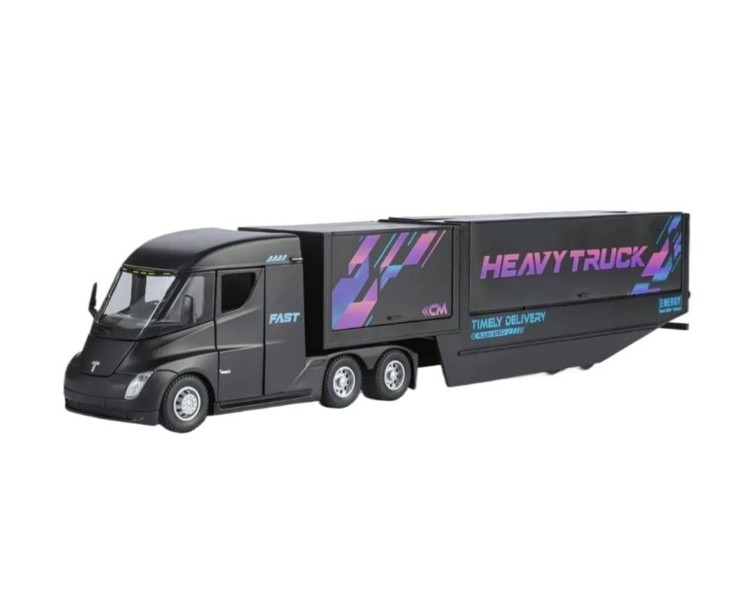Macheta mecanica,Tir Tesla, container, leduri si sunete, scala 1/43, negru, 35 cm