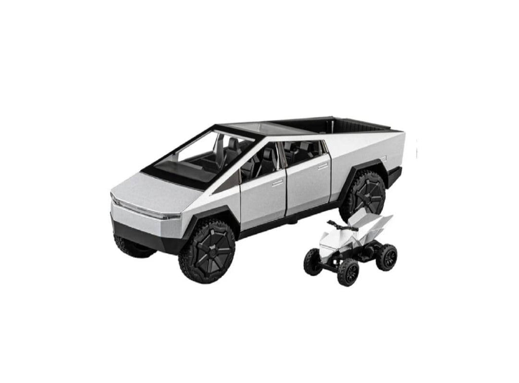 Macheta metal mecanica, model Tesla Cybertruck, ATV inclus, sunete, usi mobile, capota mobila, portbagaj mobil, gri deschis, 