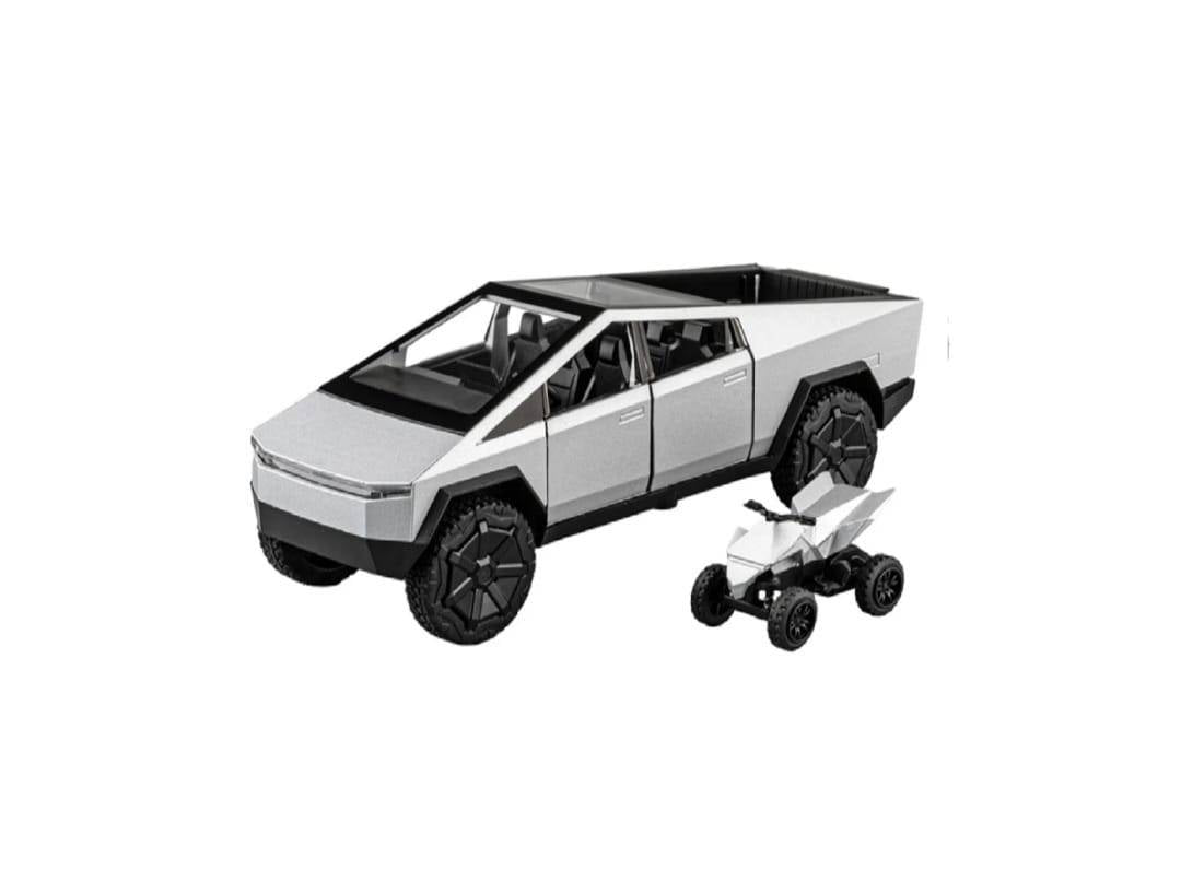 Macheta metal mecanica, model Tesla Cybertruck, ATV inclus, sunete, usi mobile, capota mobila, portbagaj mobil, gri deschis, 