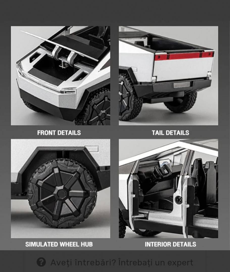 Macheta metal mecanica, model Tesla Cybertruck, ATV inclus, sunete, usi mobile, capota mobila, portbagaj mobil, gri deschis, 