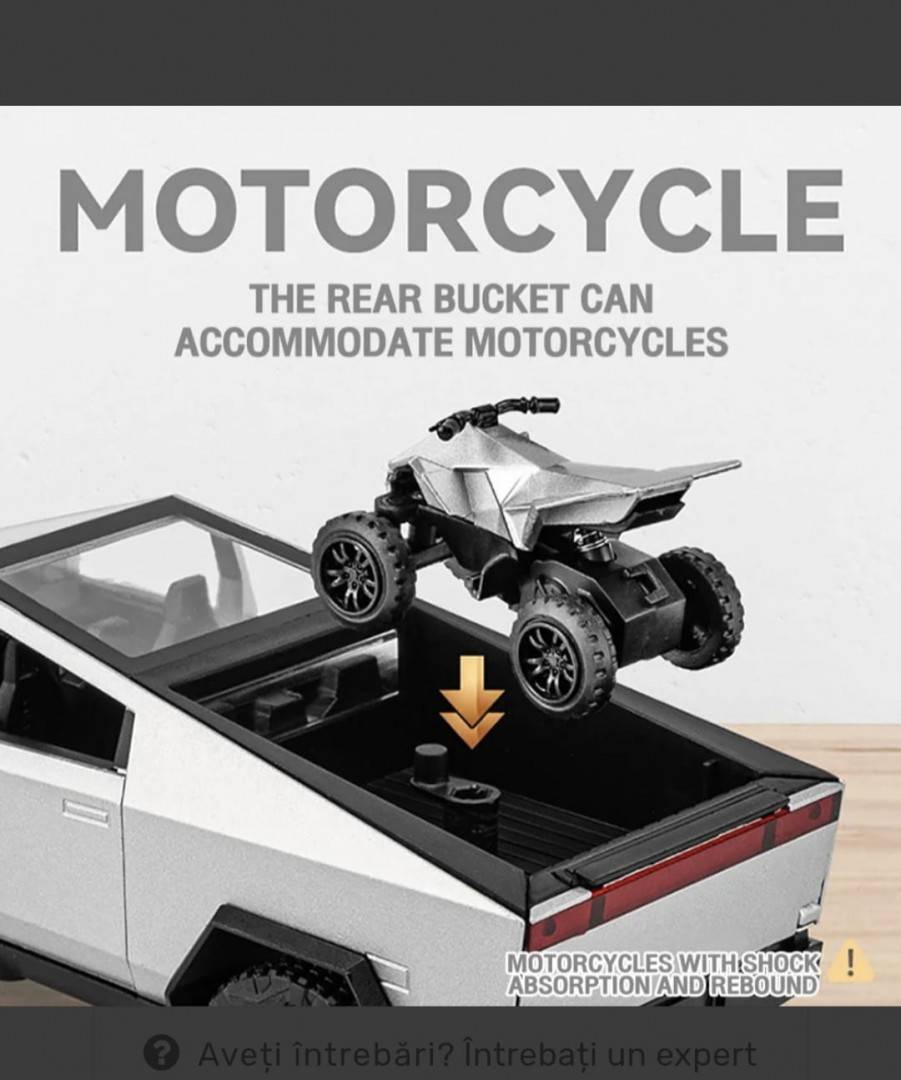 Macheta metal mecanica, model Tesla Cybertruck, ATV inclus, sunete, usi mobile, capota mobila, portbagaj mobil, gri deschis, 