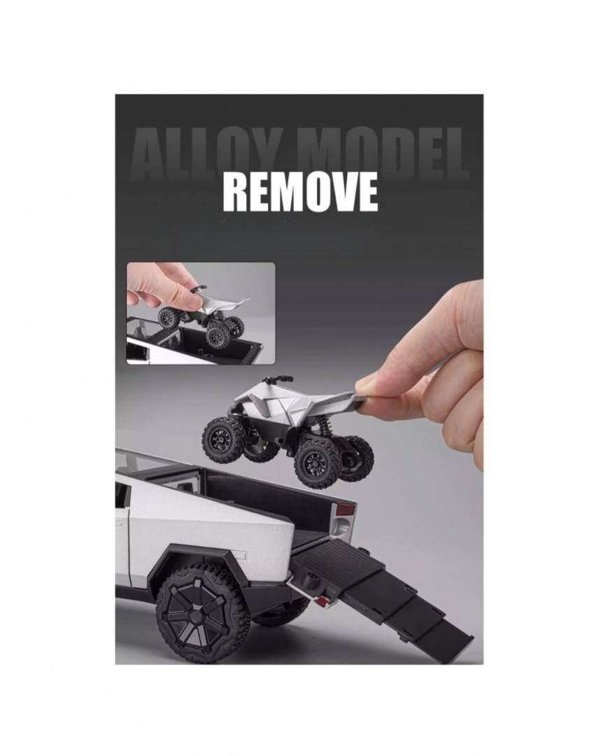 Macheta metal mecanica, model Tesla Cybertruck, ATV inclus, sunete, usi mobile, capota mobila, portbagaj mobil, gri deschis, 