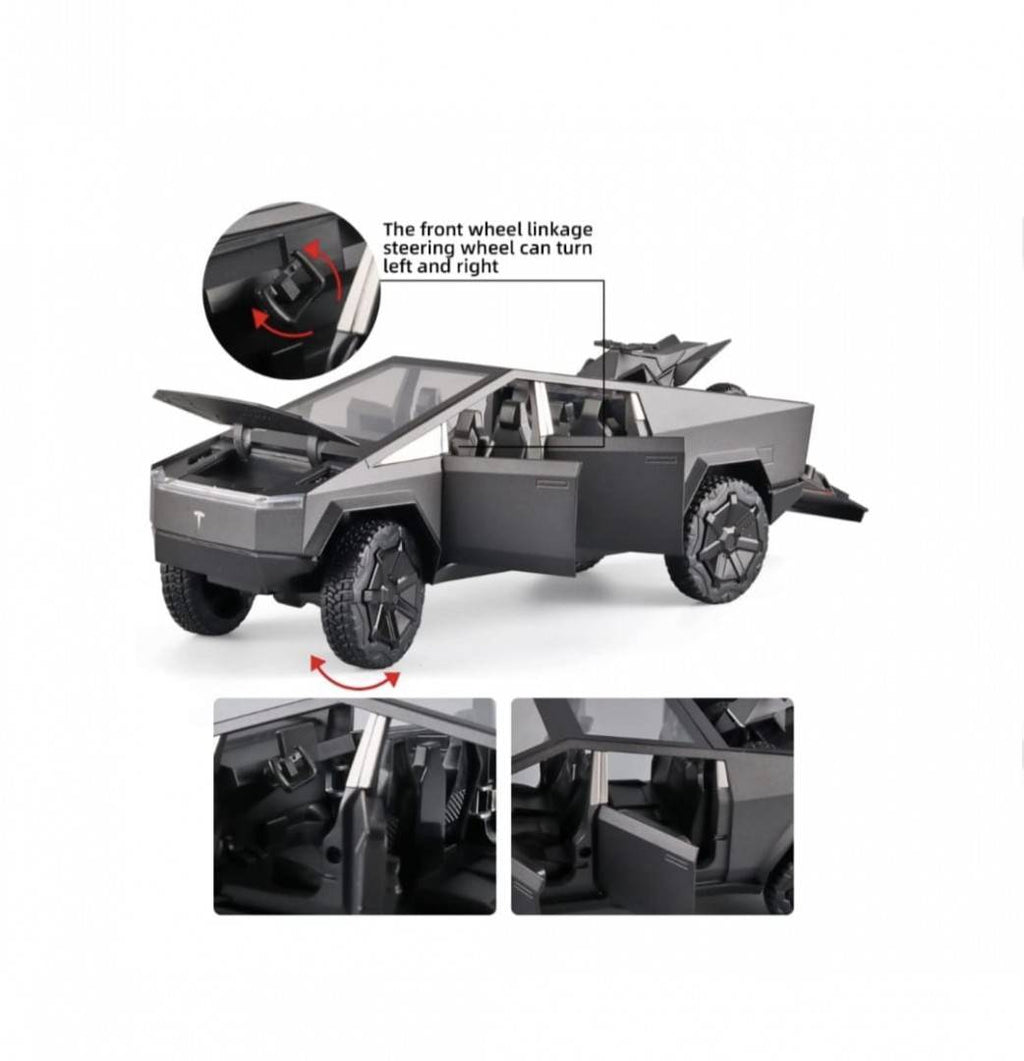 Macheta metal mecanica, model Tesla Cybertruck, ATV inclus, sunete, usi mobile, capota mobila, portbagaj mobil, gri inchis, 2