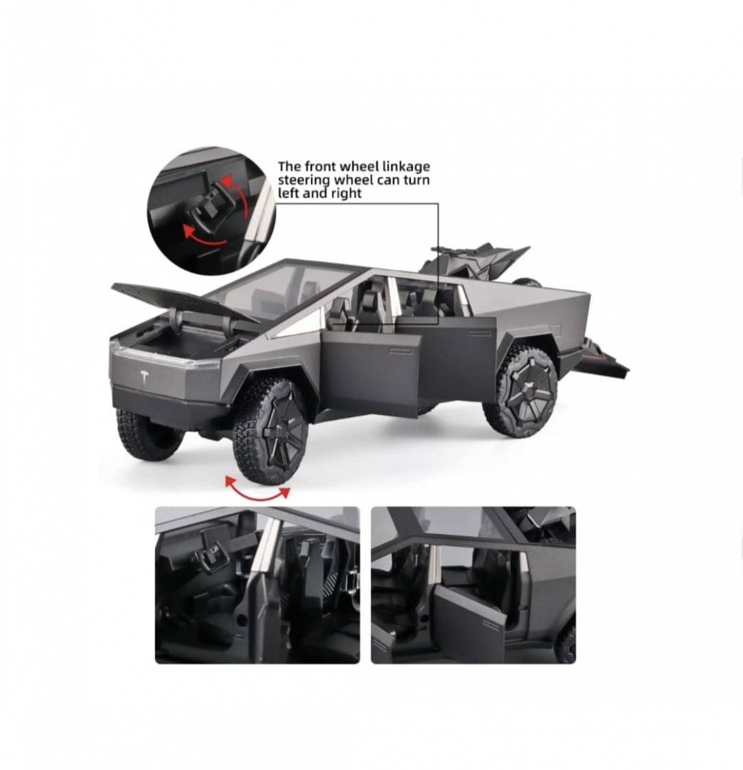 Macheta metal mecanica, model Tesla Cybertruck, ATV inclus, sunete, usi mobile, capota mobila, portbagaj mobil, gri inchis, 2