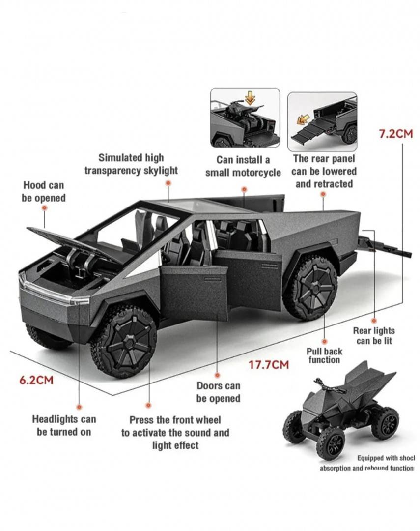 Macheta metal mecanica, model Tesla Cybertruck, ATV inclus, sunete, usi mobile, capota mobila, portbagaj mobil, gri inchis, 2