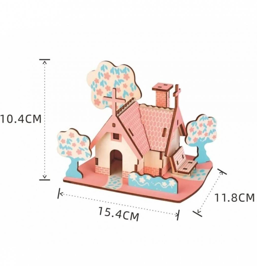 Macheta Puzzle 3D Lemn, Casa Americana, roz, 31 piese