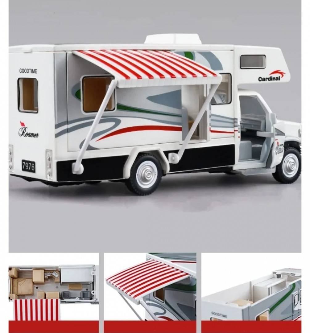 Masina mecanica, Autorulota, camper de vacanta, mobilier, sunete, lumini, mobilier, usi functionale, alb, 20 cm