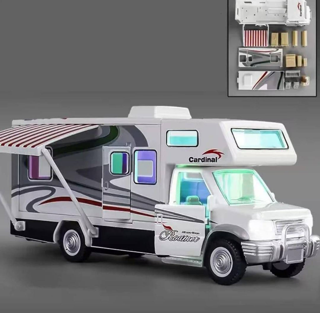 Masina mecanica, Autorulota, camper de vacanta, mobilier, sunete, lumini, mobilier, usi functionale, alb, 20 cm