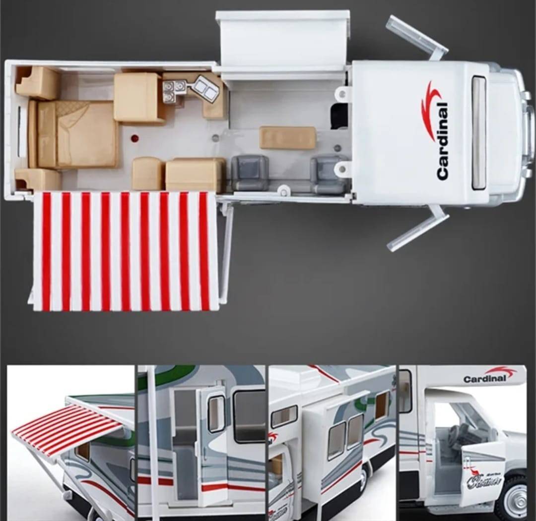 Masina mecanica, Autorulota, camper de vacanta, mobilier, sunete, lumini, mobilier, usi functionale, alb, 20 cm